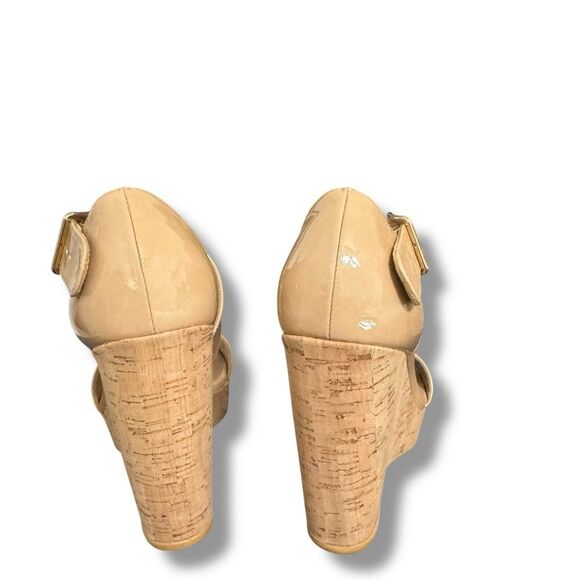Stuart Weitzman Oneliner Patent Leather Cork Wedge Open Toe Heels Nude Size 9 - Picture 7 of 10